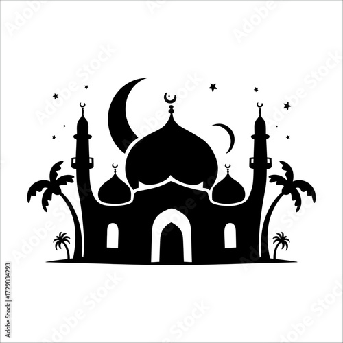 Cute Mosque with Heart-Shaped Dome and Date Palm Tree, Minimal Black Silhouette