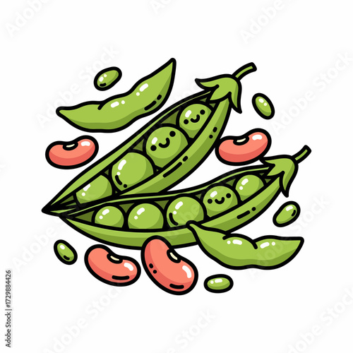 Playful Cartoon Pods Smiling Green Peas and Kidney Beans Illustration.