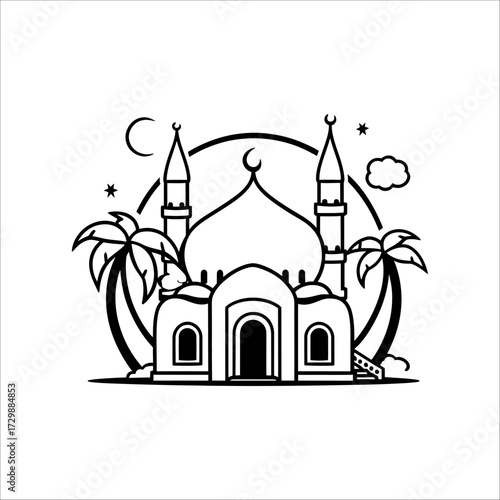 Cute Mosque with Heart-Shaped Dome and Date Palm Tree, Minimal Black Silhouette
