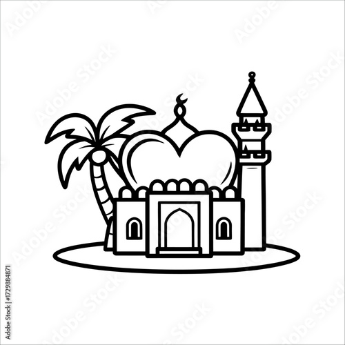 Cute Mosque with Heart-Shaped Dome and Date Palm Tree, Minimal Black Silhouette