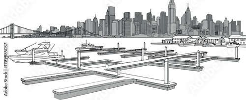 Vector art of new york city skyline with a bridge and harbor with boats