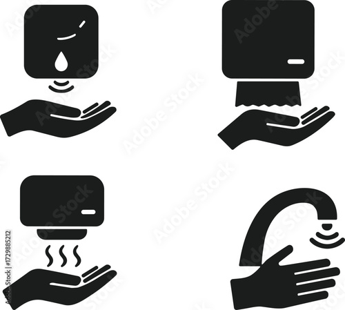Hand hygiene icons showing sanitizer dispenser, paper towel, warm air dryer, and faucet washing, black vector symbols for cleanliness