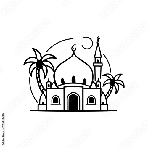 Cute Mosque with Heart-Shaped Dome and Date Palm Tree, Minimal Black Silhouette