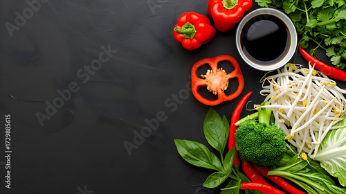 Fresh vibrant vegetables and flavorful soy sauce create a delicious culinary experience on a dark surface, perfect for healthy eating promotions