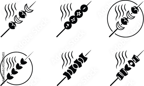Collection of Six Skewer Food Icons with Steam