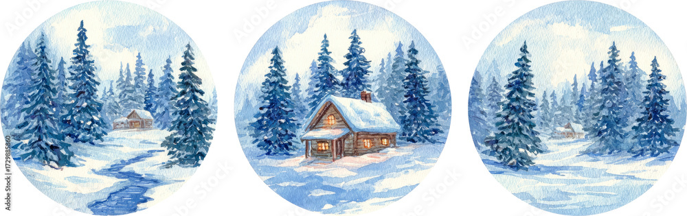 Naklejka premium Cozy winter snow cabin in peaceful forest. Watercolor illustration set