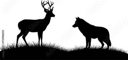 Vector art of silhouette of a deer and a wolf standing on grass facing each other