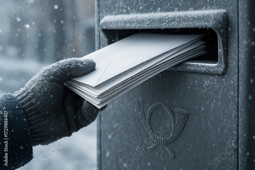 Sending mail on a snowy day. A person in a glove pushes letters into an icy postbox outdoors.