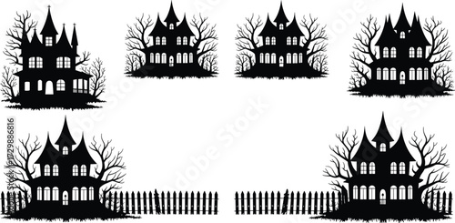 Silhouettes of haunted houses with leafless trees and picket fence—spooky Halloween vector set for seasonal design and decoration