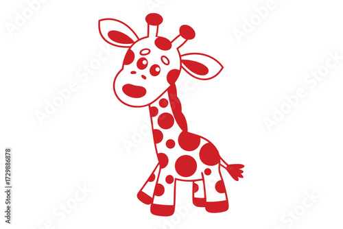 A charming red spotted giraffe illustration stands smiling, bringing a playful innocence to any project