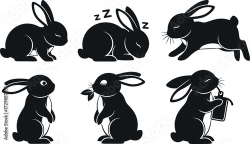 Vector art of set of black silhouette illustrations of rabbits in various poses