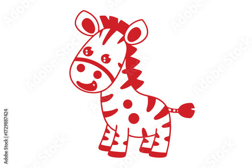 A cheerful red cartoon zebra stands smiling with stripes and spots on a white background