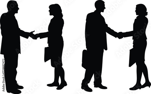 Male and female business people handshake silhouette. Handshake corporate business partners. corporate agreement deal success concept vector.