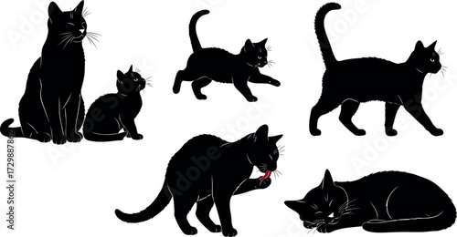Vector art of collection of black silhouette domestic cat poses in various activities