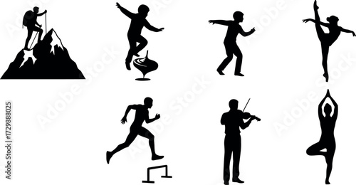 Vector art of collection of silhouette icons representing various activities and hobbies