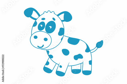 Adorable blue calf stands cheerfully with rounded spots and a charming small tail