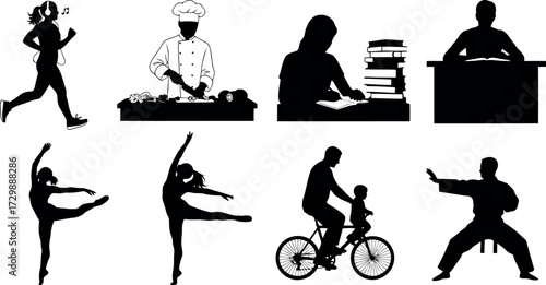 Vector art of collection of diverse silhouette activities including running, cooking, studying, working, dancing, cycling, and martial arts