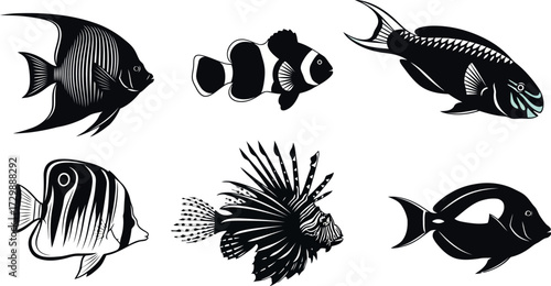 Vector art of collection of tropical fish silhouettes