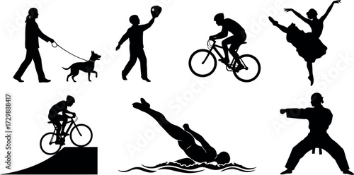 Vector art of assortment of silhouette activities like walking dog, baseball, cycling, dancing, ramp cycling, swimming, and karate