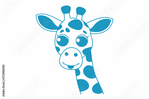 Adorable blue giraffe reveals its tongue and displays a charming dotted pattern