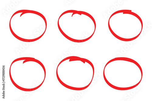 Highlight hand drawing different circles isolated on white background, Handwritten red circle For marking text, numbers, marker pen, pencil, logo, hand-drawn doodle grunge circle highlights