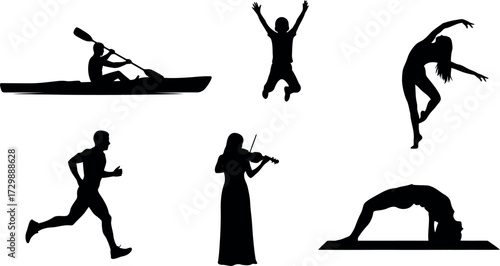 Vector art of collection of diverse silhouette activities including sports, music, and dance