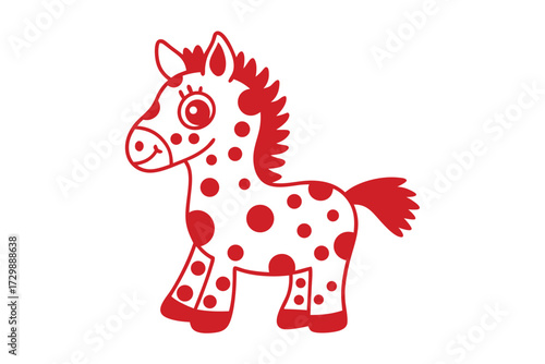 Adorable cartoon horse with charming polka dots stands patiently in a simple, playful style