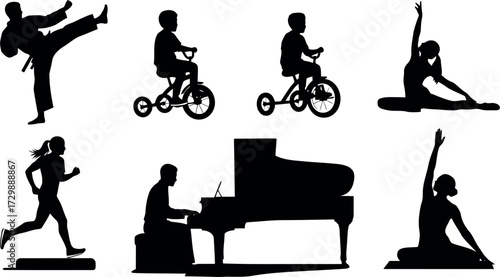 Vector art of silhouette icons of diverse activities including sports, music, and fitness