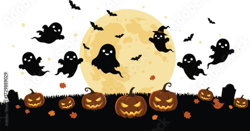 A whimsical Halloween illustration showing a spooky night scene with cartoon ghosts and bats flying around a large full moon above a field of glowing jack-o'-lanterns