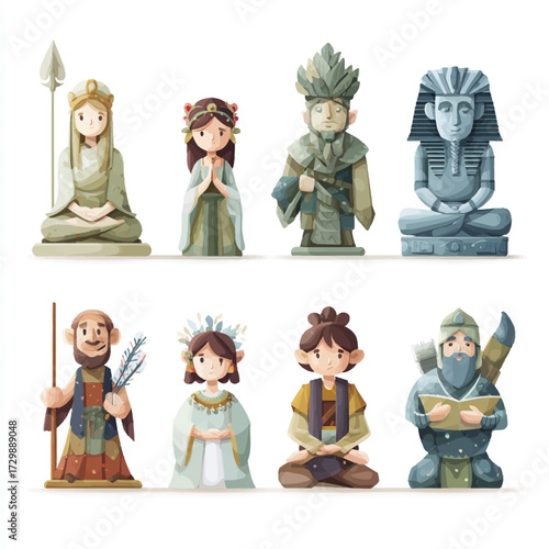 Set of statues, simple and flat vector illustration, cartoon and colorful images, white background