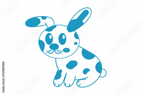 Adorable outlined bunny with blue spots sits upright against a crisp white background