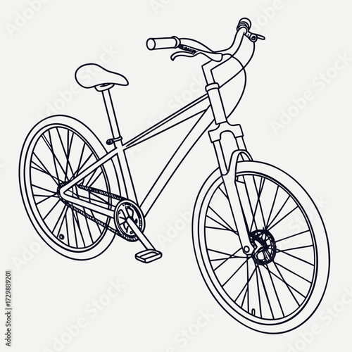 A clean simple line art illustration of a modern mountain bicycle with front suspension and disc brakes presented against a plain background for versatile design use