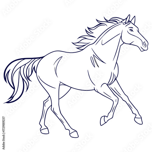 A graceful powerful horse in a dynamic running pose depicted as a clean elegant line art illustration with flowing mane and tail against a white background