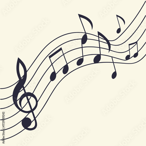 A flowing musical staff with a treble clef and various dark blue musical notes on a light cream background representing the beauty and harmony of music