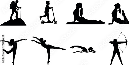 Vector art of collection of silhouettes of people engaged in various sports and activities