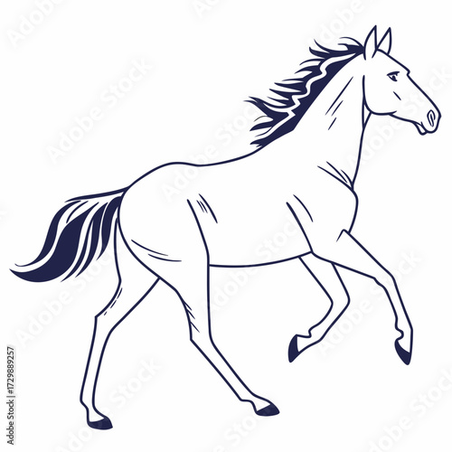 A graceful stylized line art illustration of a horse in motion with its mane and tail flowing dynamically against a clean white background evoking freedom and elegance