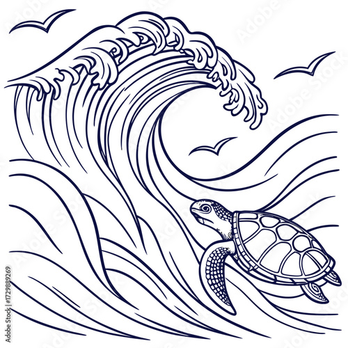 A majestic sea turtle gracefully swims through a large ocean wave with seagulls flying in the sky above depicted in a simple elegant line art style