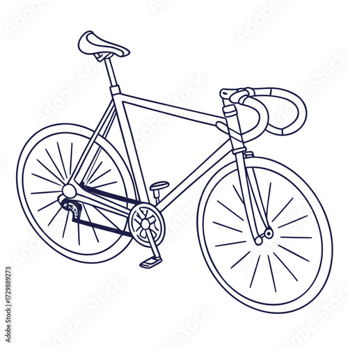 A minimalist line art illustration of a classic road bicycle with drop handlebars and thin wheels isolated on a white background perfect for design projects