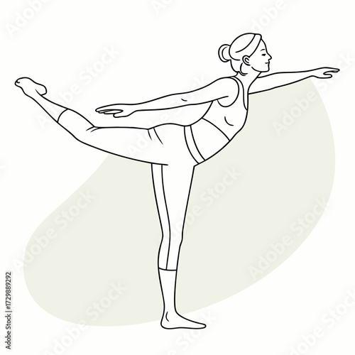 A minimalist line art illustration of a woman in a yoga pose specifically the natarajasana or lord of the dance pose demonstrating balance and flexibility