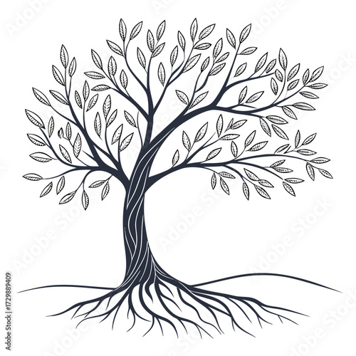 A stylized dark silhouette of a mature tree with prominent intricate roots spreading outwards and a canopy of detailed leaves against a clean white background symbolizing growth and nature