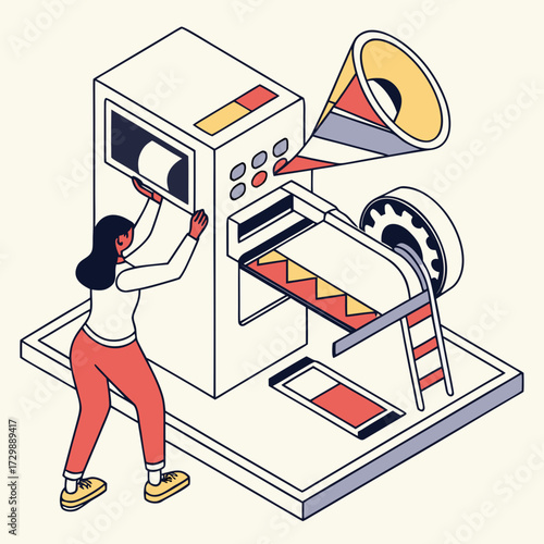 A stylized isometric illustration depicts a woman interacting with a complex abstract machine that appears to be printing or processing materials suggesting innovation and technological advancement
