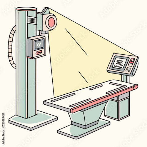 A stylized illustration of a medical imaging machine with an examination table and control panel depicting a healthcare diagnostic procedure