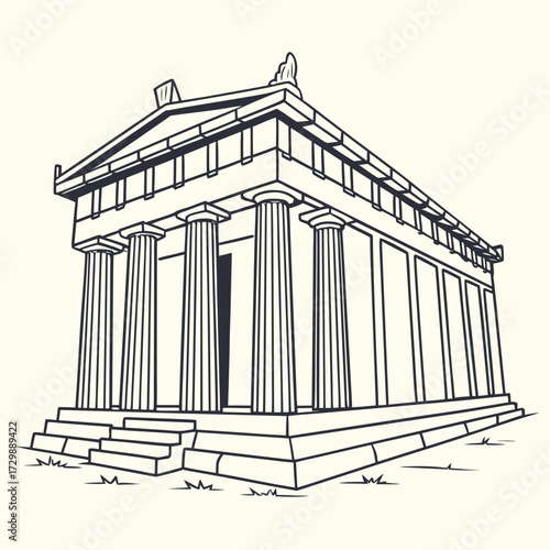 A stylized line drawing of a classic ancient greek temple with doric columns and a pediment set against a plain background symbolizing history and architecture