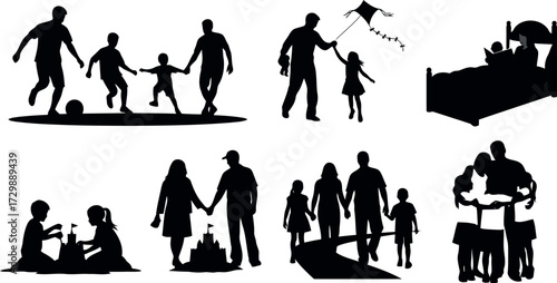 Vector art of collection of family silhouette scenes playing soccer, flying a kite, sleeping, building sandcastles, walking, and hugging