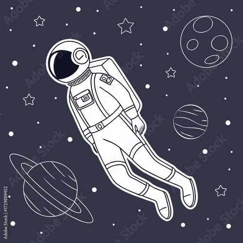 A stylized outline drawing of an astronaut floating in deep space surrounded by planets stars and small dots against a dark blue background