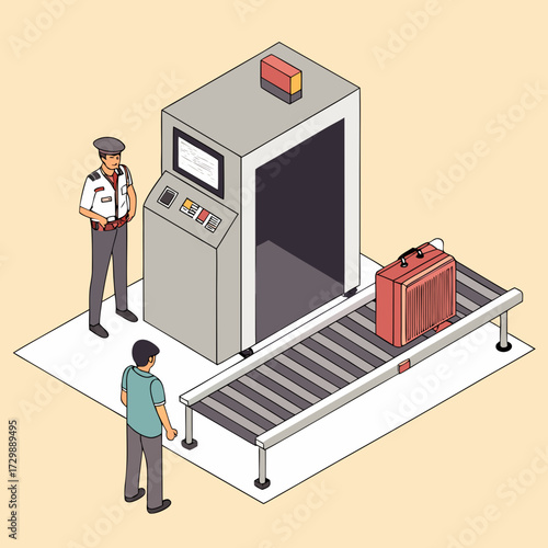 Airport security officer overseeing a passenger and their luggage passing through an x ray scanner machine on a conveyor belt for safety checks during travel