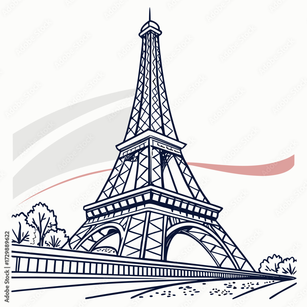 Obraz premium Iconic eiffel tower illustration in a minimalist line art style with subtle french flag inspired colors in the background representing parisian charm and elegance