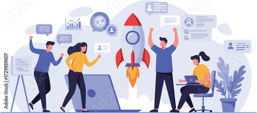 Excited team launching a new business project, with a rocket taking off from a laptop, symbolizing success and achievement