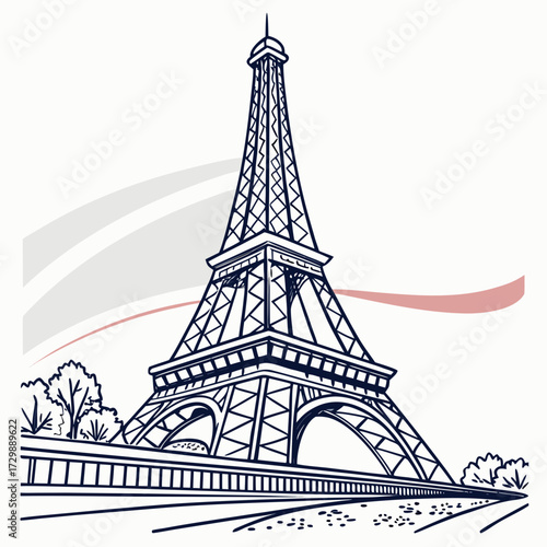 Iconic eiffel tower illustration in a minimalist line art style with subtle french flag inspired colors in the background representing parisian charm and elegance