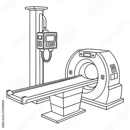 Illustration of a medical ct scanner machine with a patient bed and control panel representing advanced diagnostic imaging technology in healthcare and radiology